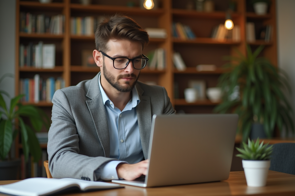 Jeune homme utilisant un ordinateur portable dans un bureau à domicile