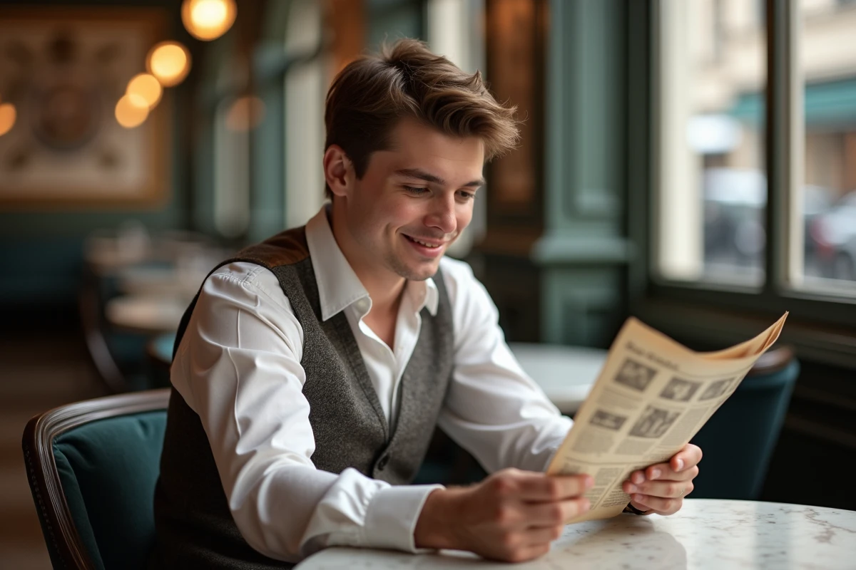 Jeune homme lisant un journal vintage dans un café parisien
