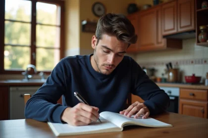 Jeune homme concentré écrivant dans un livre de mots croises