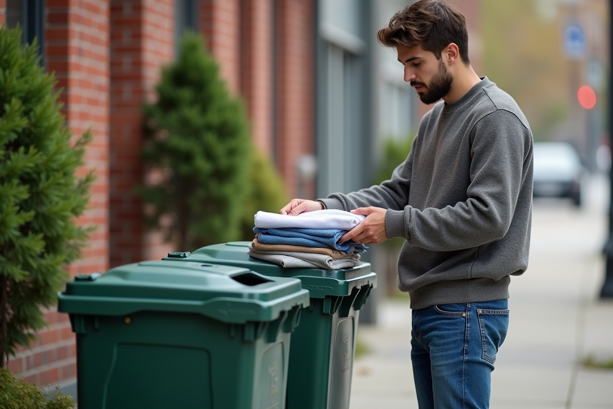 Jeune homme pliant des t-shirts usés devant une benne à l