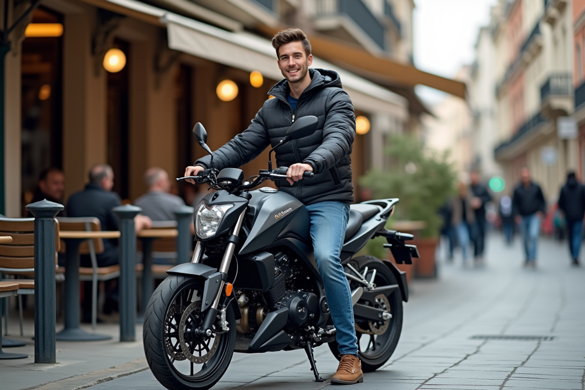 Jeune homme souriant sur une moto en ville
