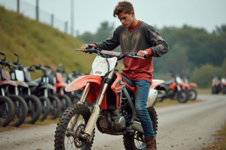 Jeune motocrossman vérifiant la chaîne de sa moto