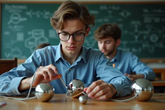 Jeune étudiant en physique arrangeant des sphères métalliques