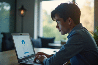 Jeune professionnel au bureau avec ordinateur portable en lumière naturelle