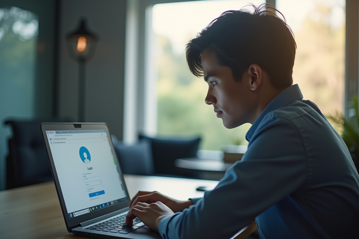 Jeune professionnel au bureau avec ordinateur portable en lumière naturelle