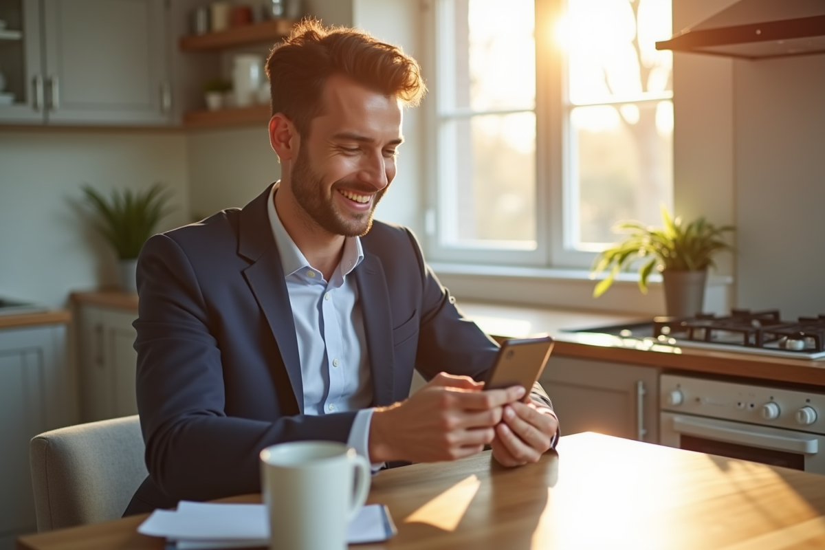 Jeune professionnel vérifiant ses finances sur smartphone le matin