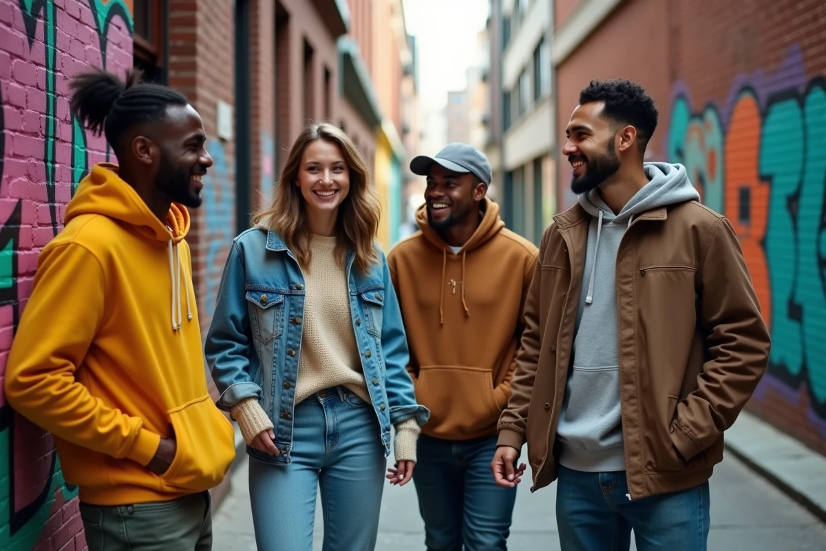 Groupe de jeunes en streetwear discutant en ville