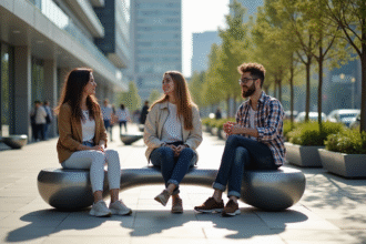 Jeunes adultes sur mobilier urbain moderne dans une place publique