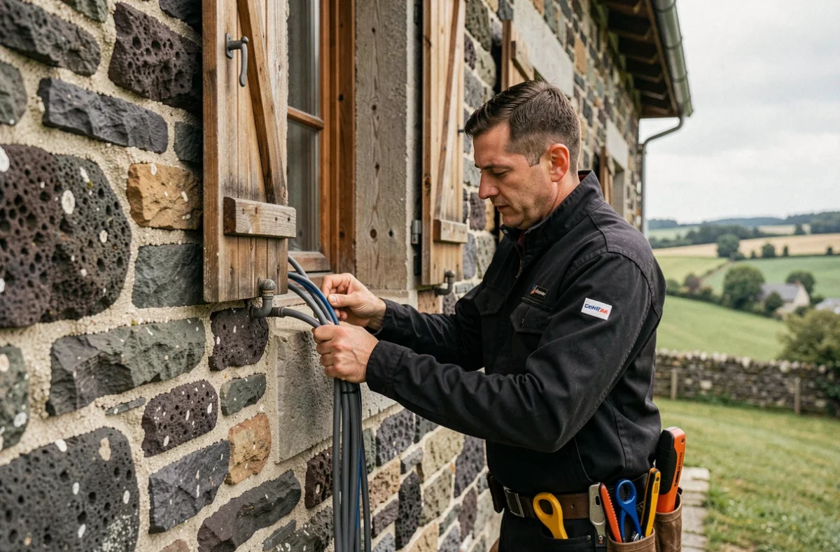 Électricien de KN Electricité posant des câbles en façade d'une maison en pierre de style auvergnat