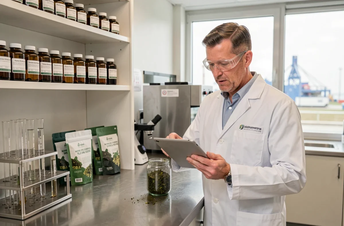 Technologue alimentaire analysant des extraits d'algues goémon dans un laboratoire agroalimentaire moderne