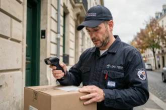 Livreur vérifiant le code postal sur un colis devant un immeuble résidentiel à Chambéry