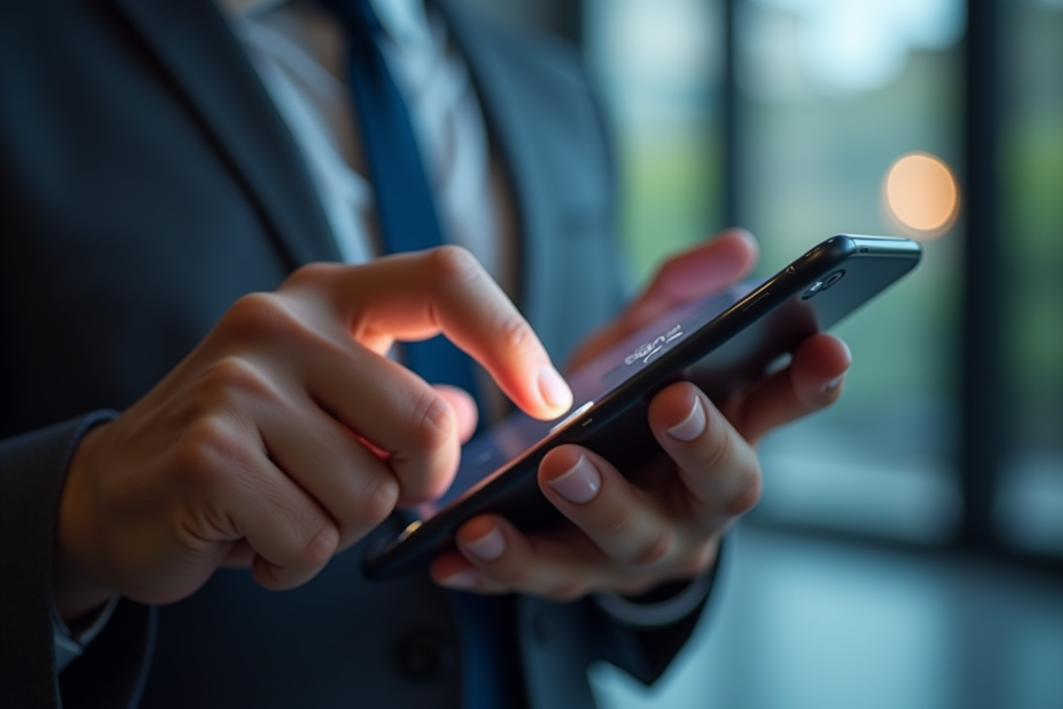 Mains tenant un smartphone avec bouton de connexion lumineux