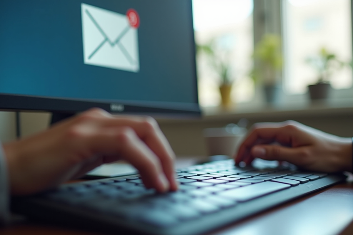 Mains tapant sur un clavier sans fil devant une messagerie