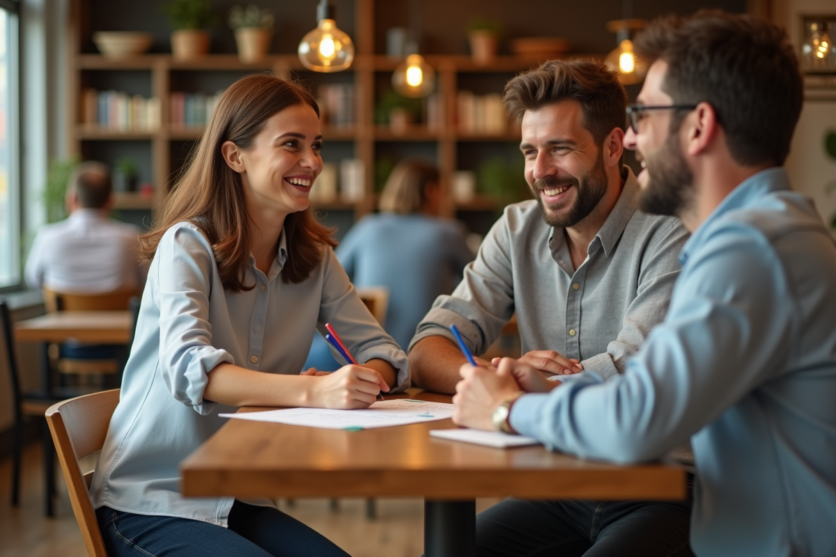 Maman souriante discutant avec un homme au café intérieur
