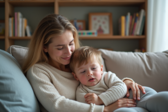 Maman réconforte son enfant malade à la maison