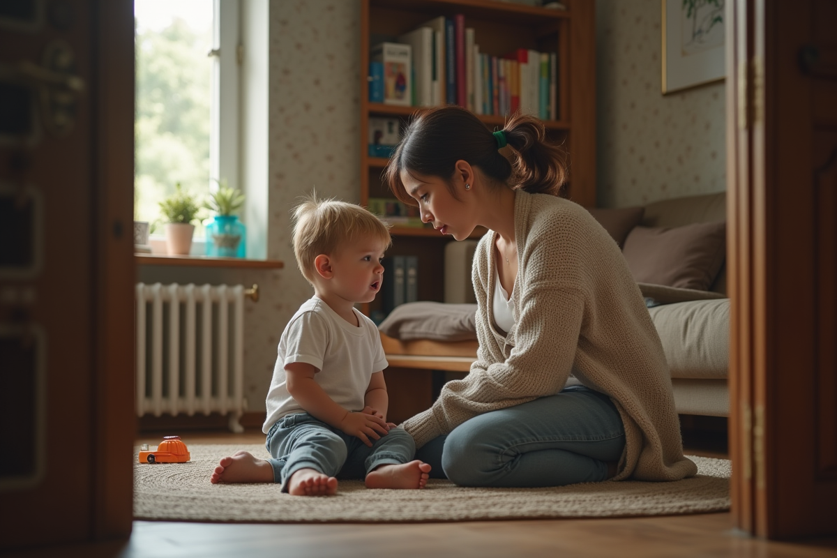 Femme réprimandant un enfant dans un salon familial