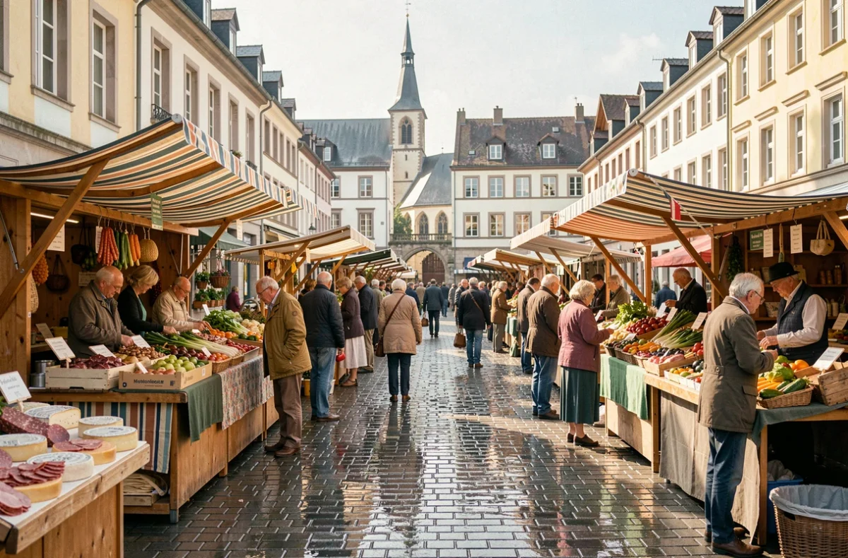 Marché hebdomadaire animé sur la place de Sarralbe avec producteurs locaux et habitants dans une atmosphère lorraine authentique