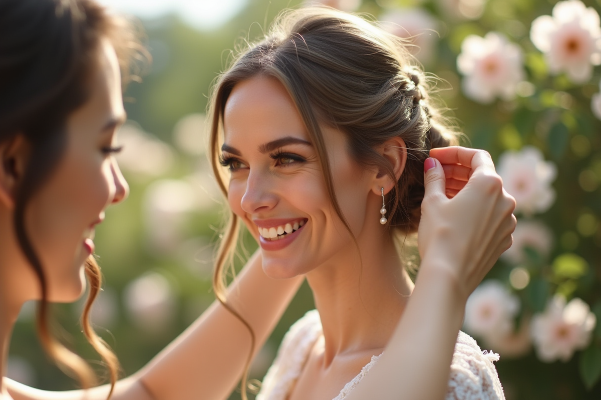 Mariée avec cheveux ondulés souriante dans un jardin ensoleille