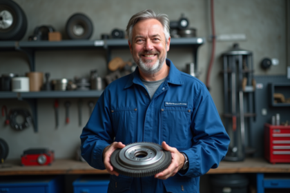 Mécanicien homme examinant un bimflywheel dans un atelier moderne
