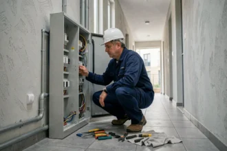 Électricien professionnel inspectant un tableau électrique dans un couloir d'immeuble résidentiel dans le Puy-de-Dôme