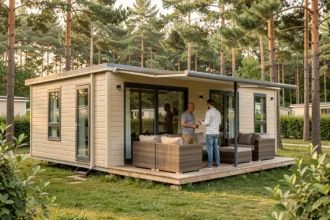 Couple devant un mobil-home haut de gamme avec équipements extérieurs modernes dans un camping entouré de pins