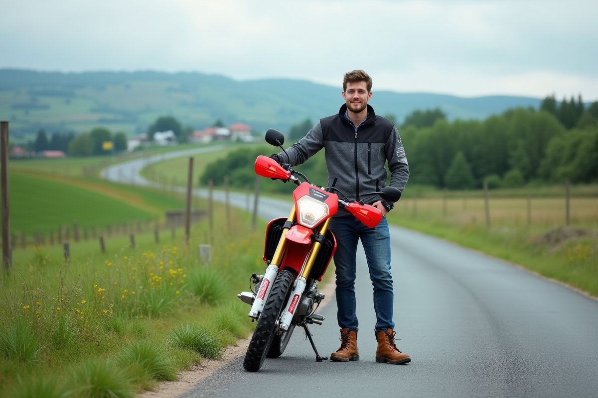 Jeune homme en motocross avec bike en nature