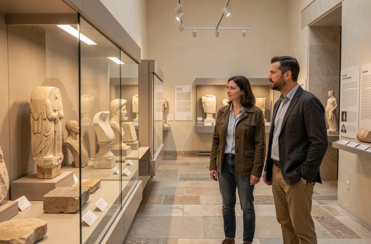 Visiteurs observant les collections gallo-romaines du musée archéologique de Civaux dans la Vienne