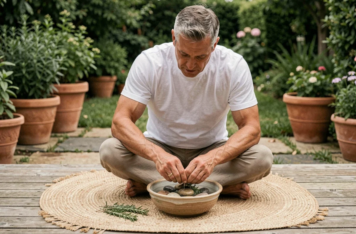 Homme purifiiant des pierres naturelles à l'eau avec du romarin frais sur une terrasse en bois, rituel de nettoyage énergétique en plein air