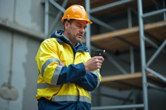 Ouvrier de construction testant la résistance d'un tissu