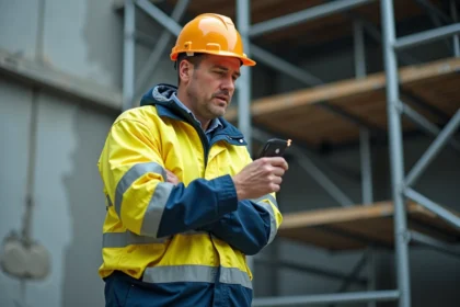 Ouvrier de construction testant la résistance d'un tissu