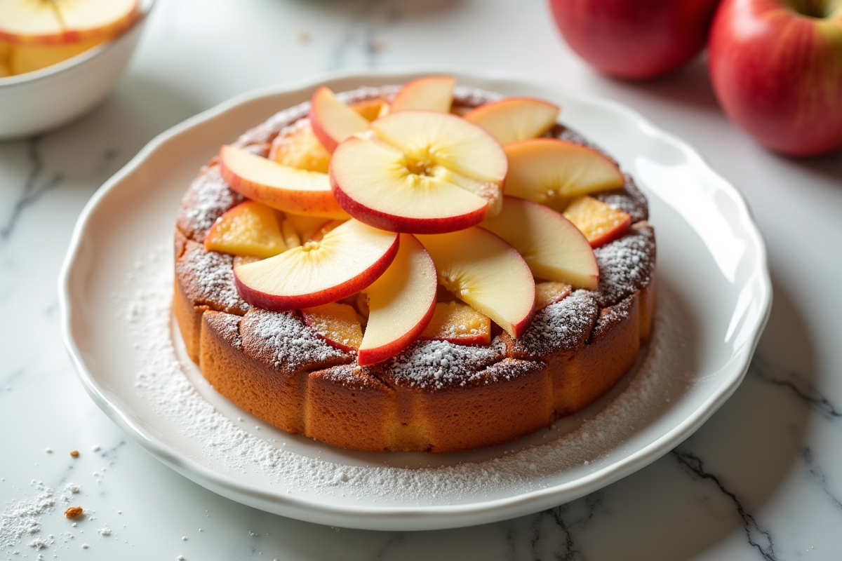 Partage d un gâteau aux pommes sans levure sur une assiette blanche