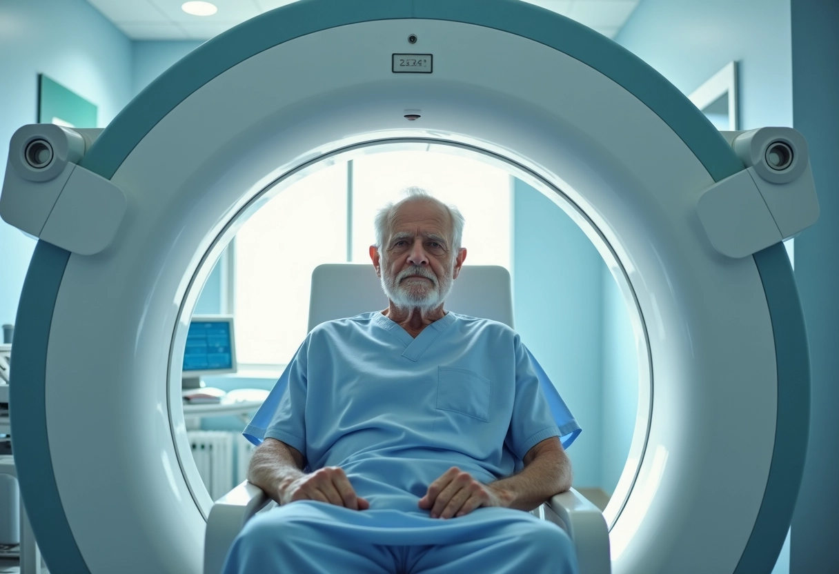 Patient âgé dans un scanner CT futuriste en radiologie