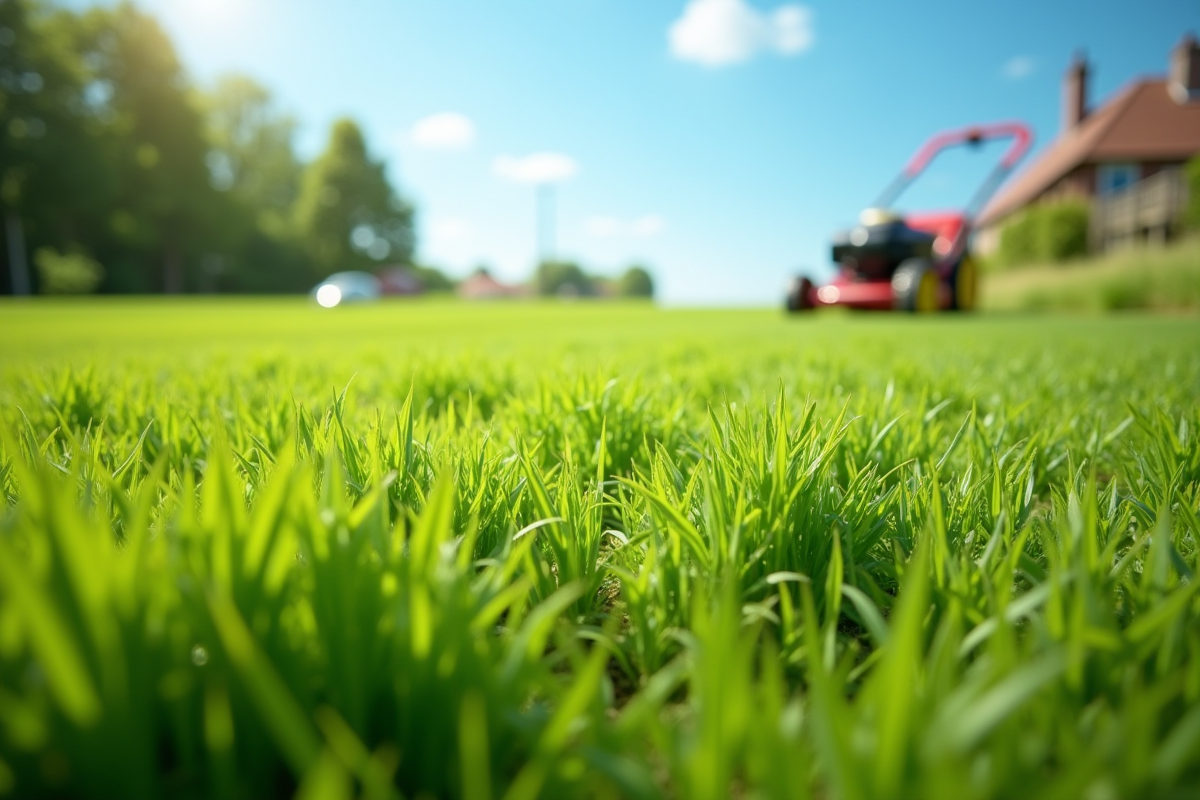 Pelouse bien entretenue avec tondeuse et mauvaises herbes retirees