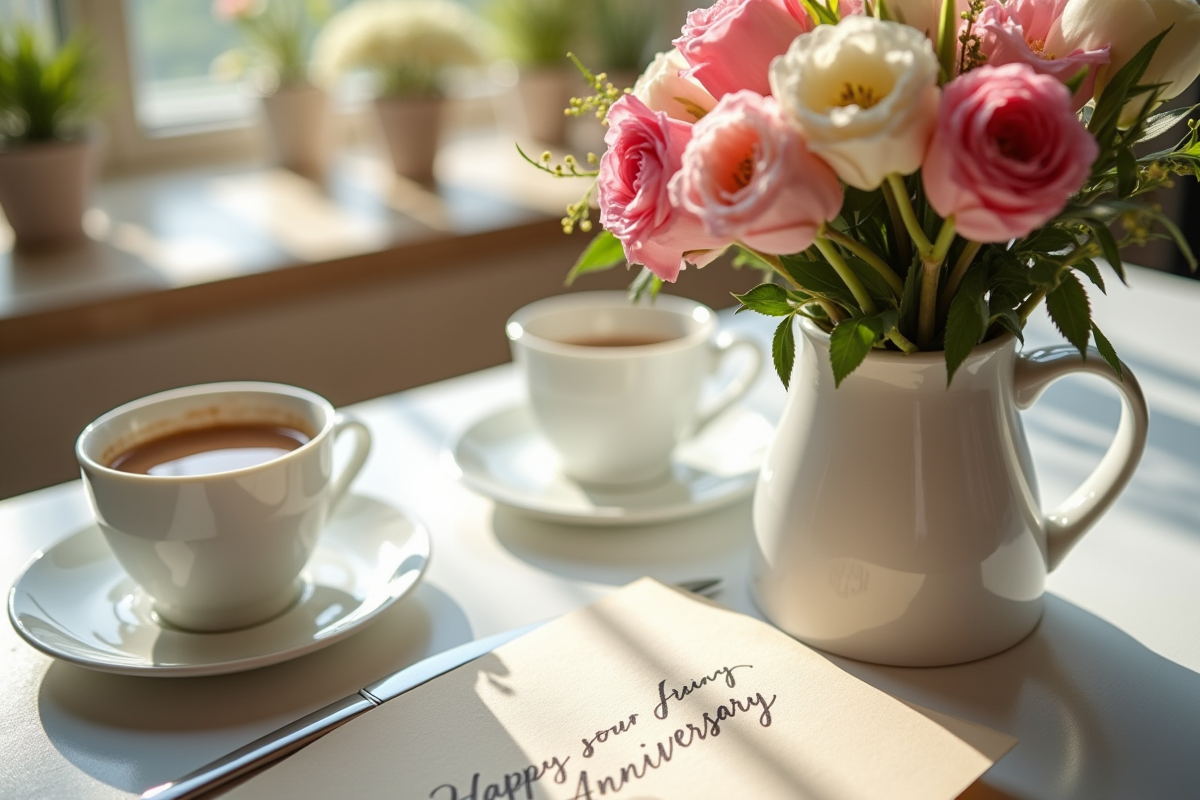 Table de petit déjeuner élégante pour anniversaire de mariage avec fleurs et café