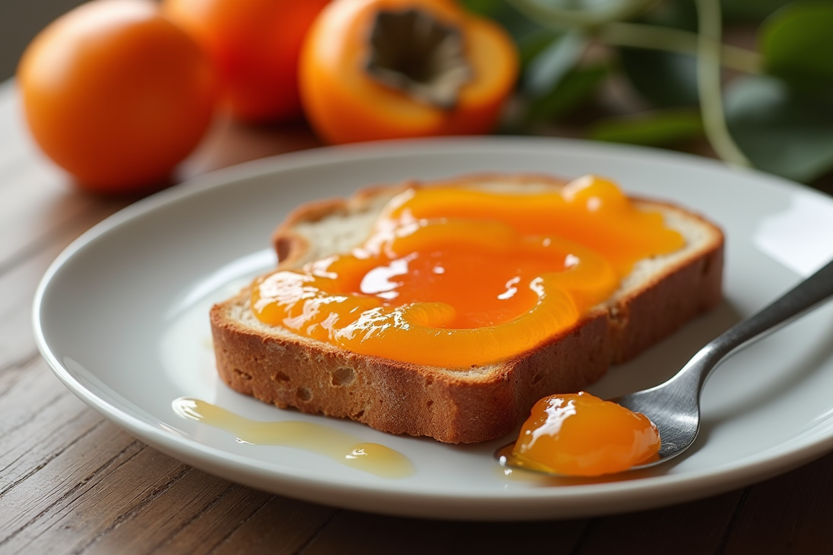 Toast avec confiture de persimmon et persimmons en arrière plan