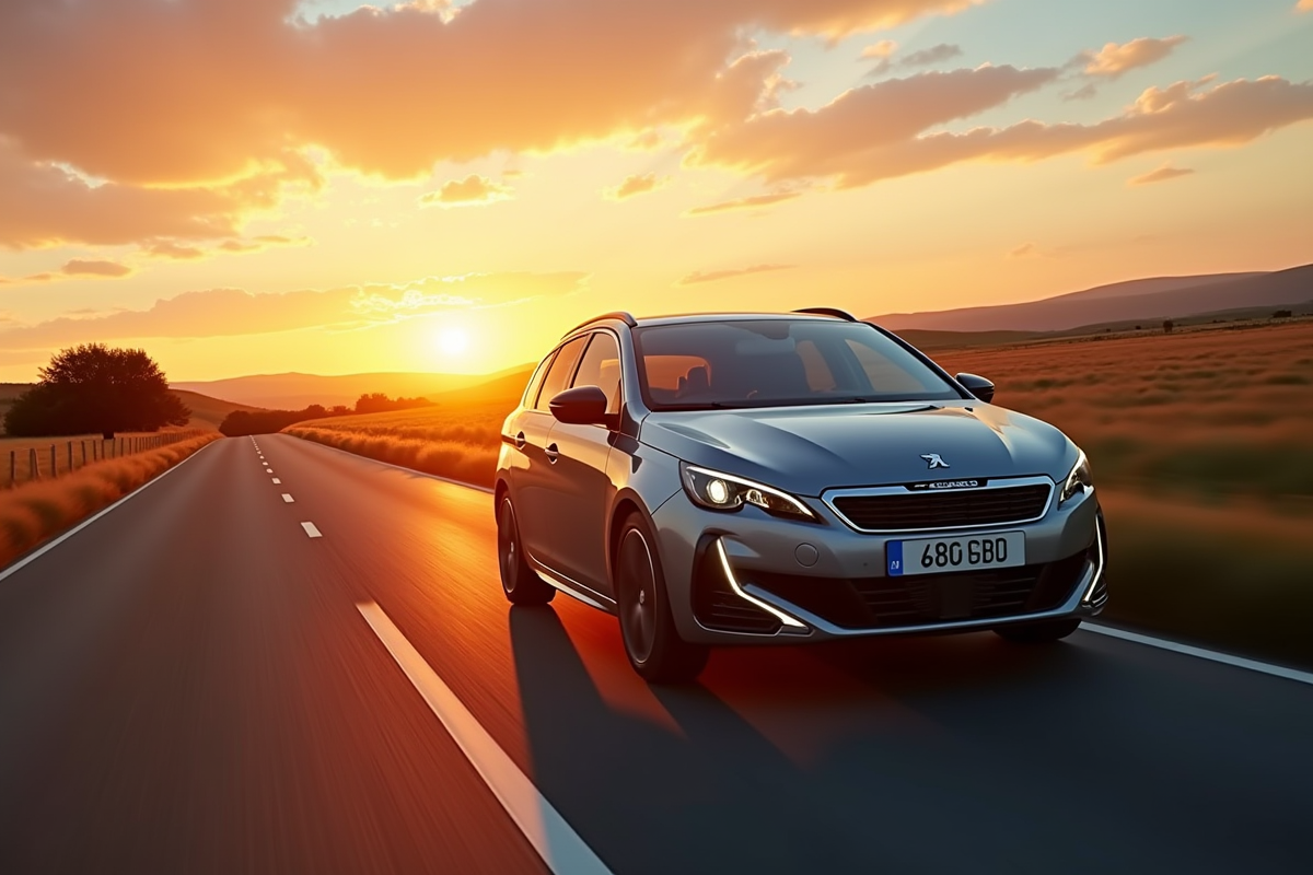 Peugeot 308 GT roulant sur route de campagne au coucher du soleil