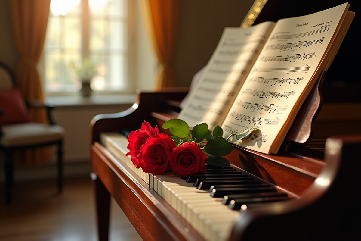 Grand piano avec partitions et roses rouges dans une pièce lumineuse
