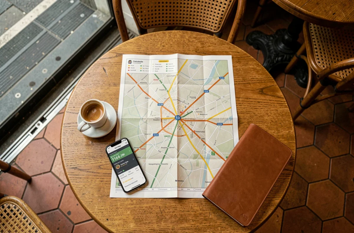 Plan papier du métro parisien ligne 13 dépliés sur une table de café avec smartphone affichant les temps de trajet