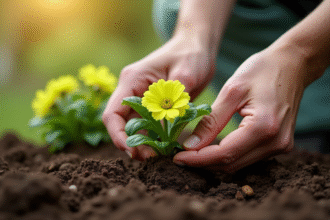 Mains plantant un geranium vert dans la terre riche du jardin