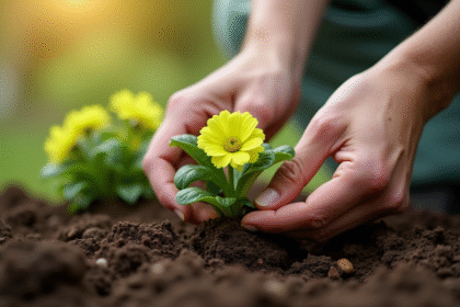 Mains plantant un geranium vert dans la terre riche du jardin