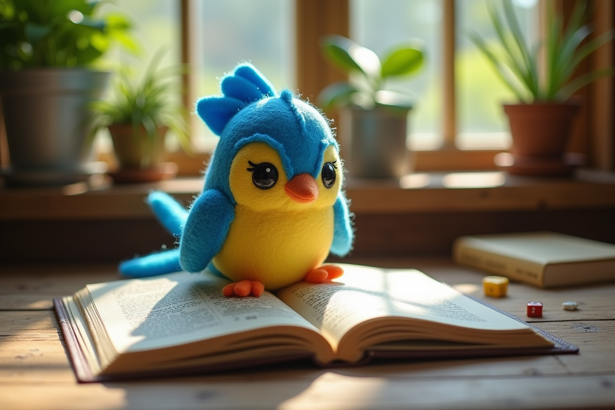 Peluches piou bleu sur un livre Dofus dans un décor lumineux