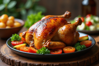 Poulet rôti sur table en bois avec légumes colorés
