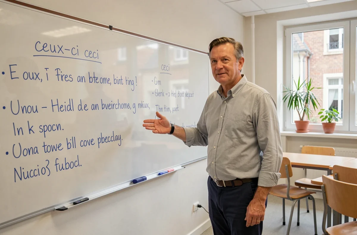 Professeur de français expliquant devant un tableau blanc les démonstratifs ceci et ceux-ci à ses élèves