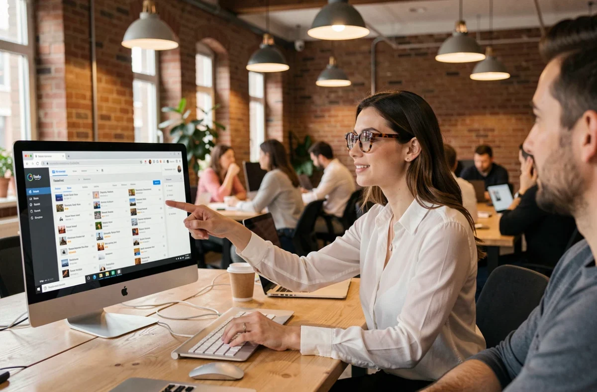 Professionnelle en co-working montrant un gestionnaire de favoris sur écran pour enregistrer la nouvelle adresse d'un site renommé