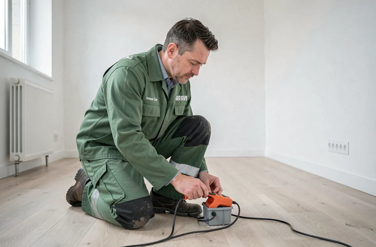 Technicien de QL ELEC testant une boîte de dérivation dans un appartement neuf du Puy-de-Dôme