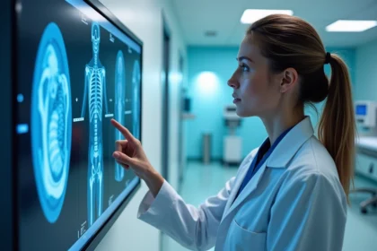 Radiologue femme examinant une IRM dans un hôpital moderne