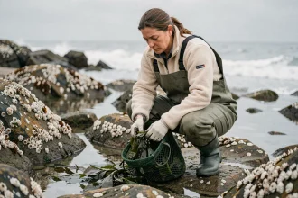 Biologiste marine récoltant du goémon sur un littoral breton rocheux à marée basse en 2026