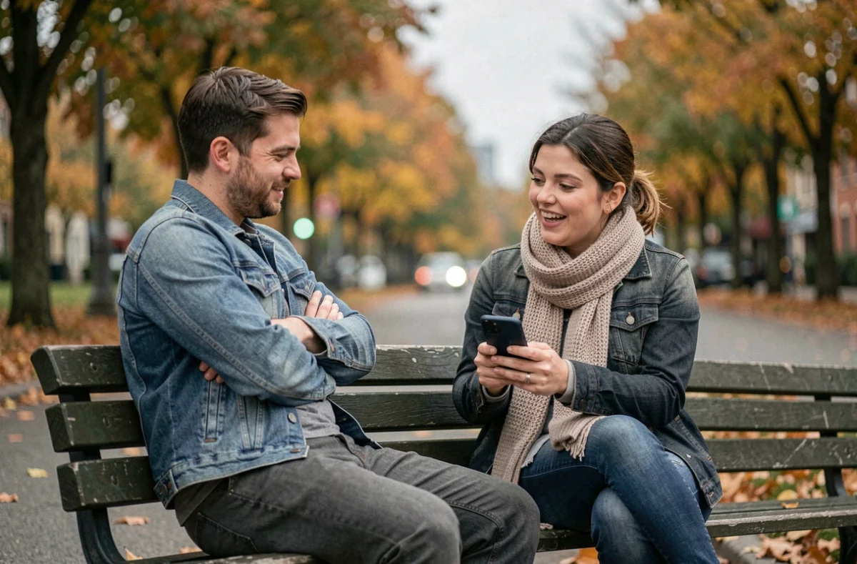 Deux personnes sur un banc de parc lors d'une rencontre trans mal engagée, illustrant un manque de connexion et une communication maladroite