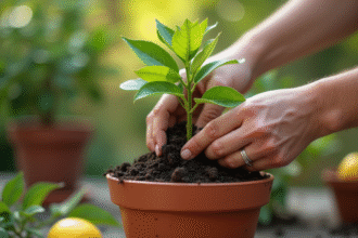 Personne replantant un citronnier dans un pot en terre cuite