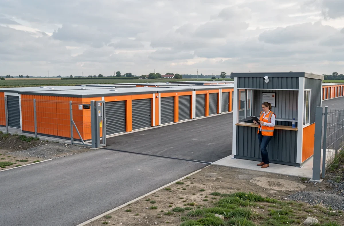 Façade moderne des unités de stockage Resotainer à Boé près d'Agen avec employée à l'accueil